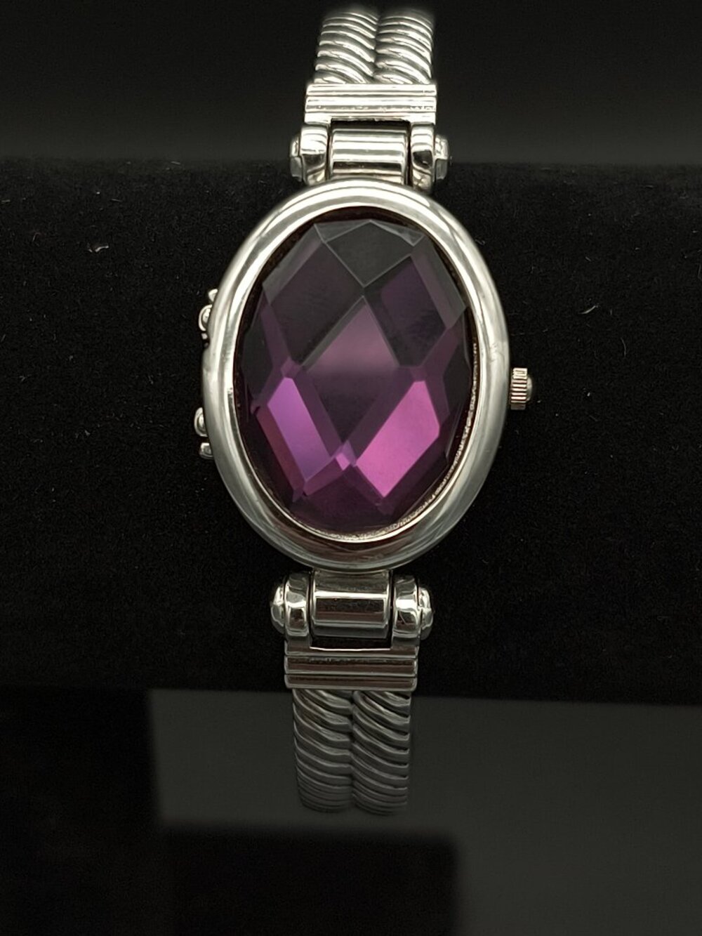 Vintage Geneva Platinum Purple Glass Stone W/ Hidden MOP Dial Cuff Watch